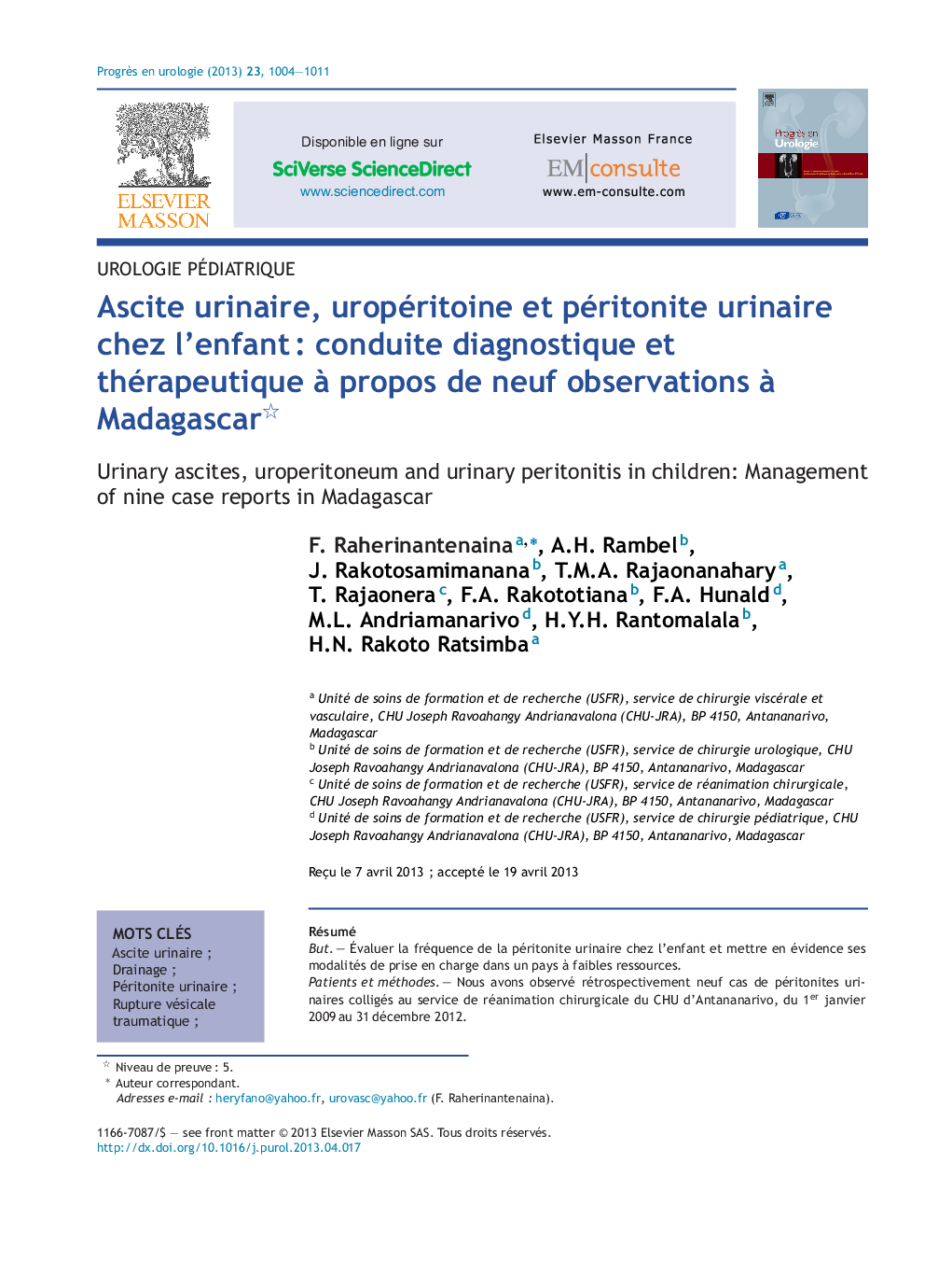 Ascite urinaire, uropéritoine et péritonite urinaire chez l’enfant : conduite diagnostique et thérapeutique à propos de neuf observations à Madagascar 