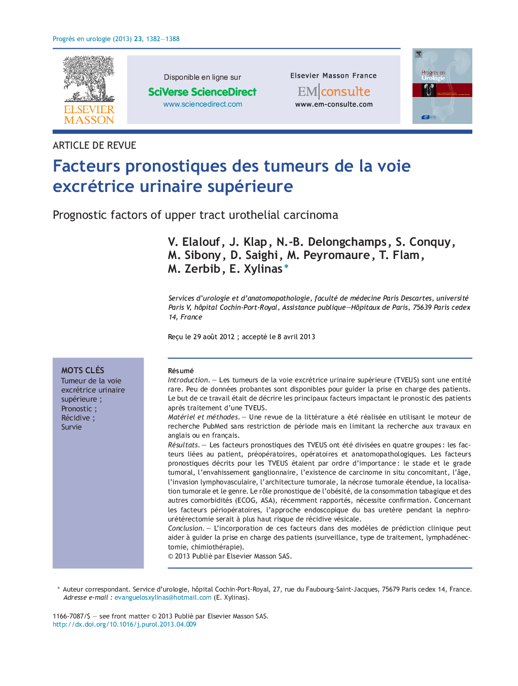 Facteurs pronostiques des tumeurs de la voie excrétrice urinaire supérieure