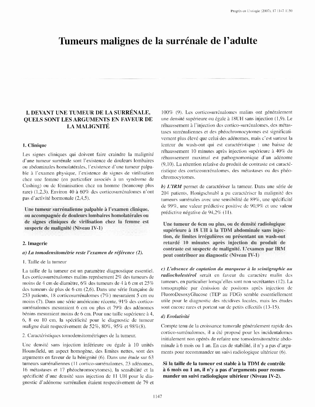 Tumeurs malignes de la surrénale de l'adulte