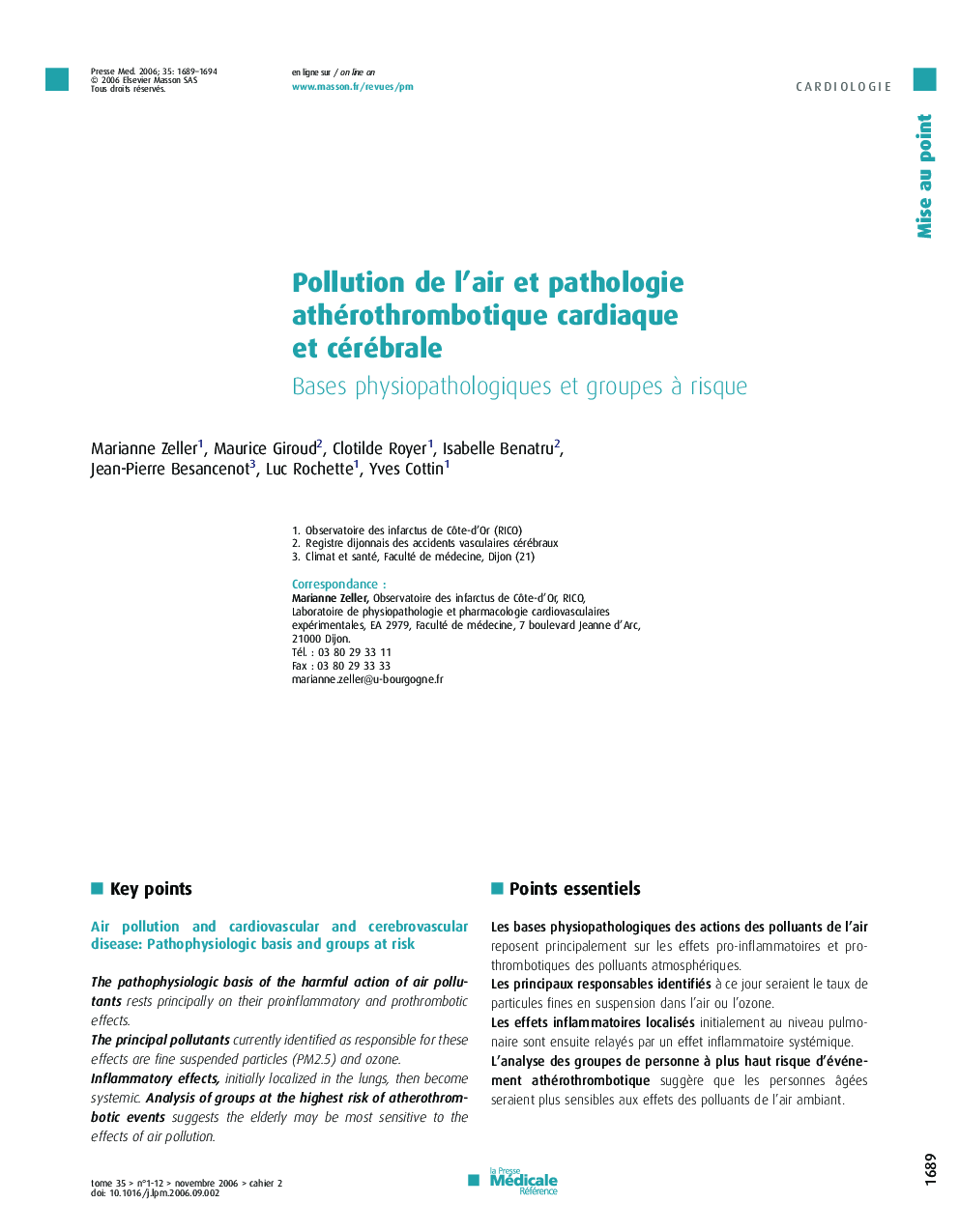 Pollution de l'air et pathologie athérothrombotique cardiaque et cérébrale: Bases physiopathologiques et groupes à risque