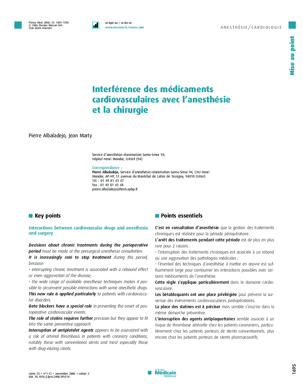 Interférence des médicaments cardiovasculaires avec l'anesthésie et la chirurgie
