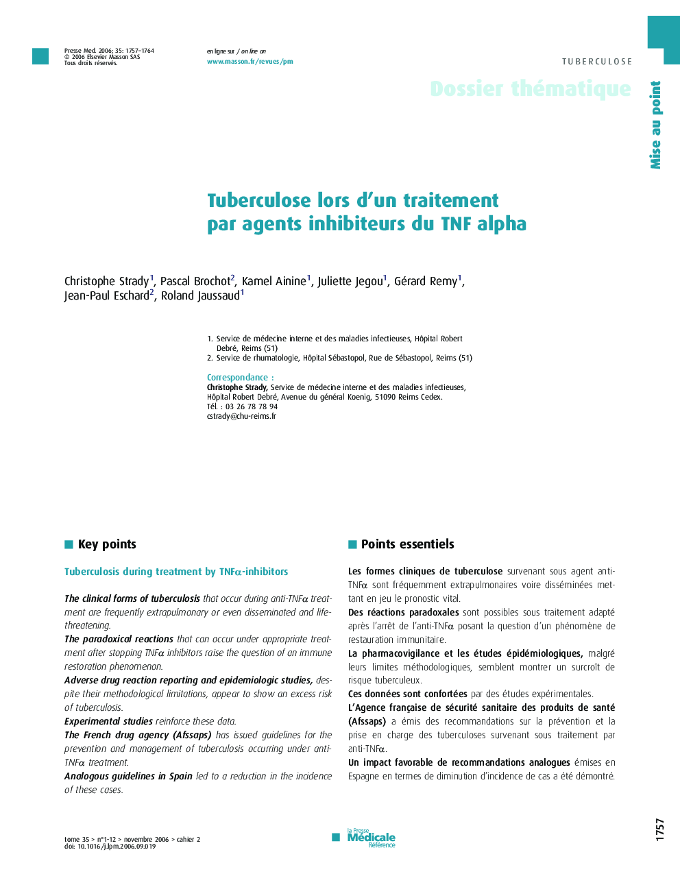 Tuberculose lors d'un traitement par agents inhibiteurs du TNF alpha