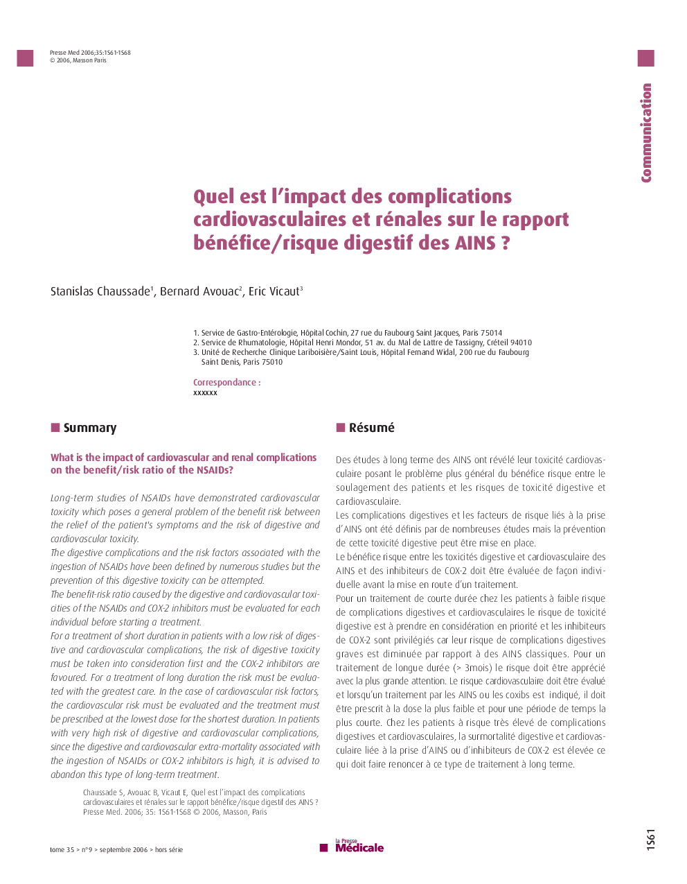 Quel est l’impact des complications cardiovasculaires et rénales sur le rapport bénéfice/risque digestif des AINS?