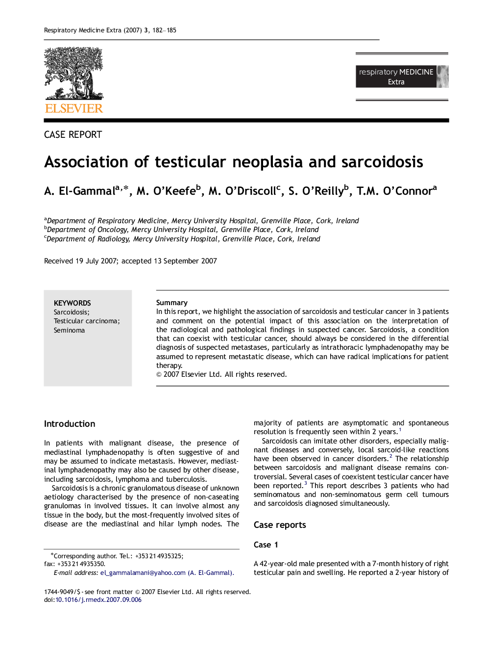 Association of testicular neoplasia and sarcoidosis