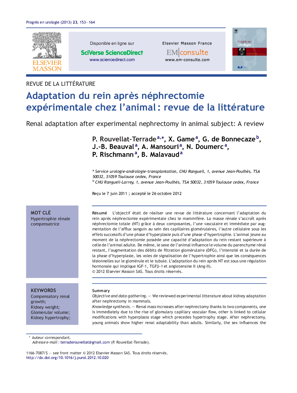 Adaptation du rein aprÃ¨s néphrectomie expérimentale chez l'animalÂ : revue de la littérature