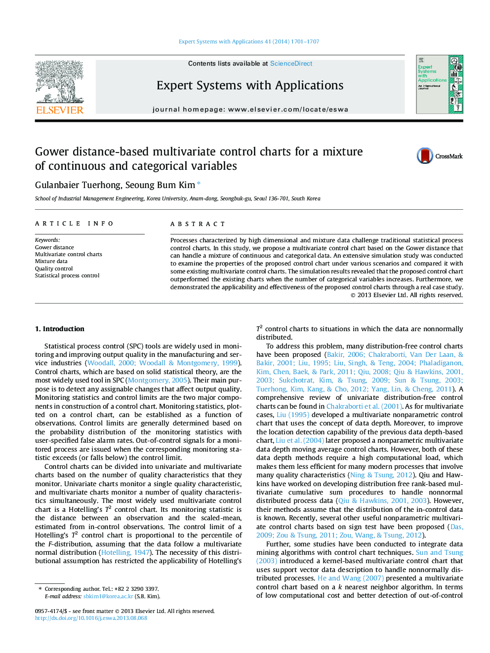 Gower distance-based multivariate control charts for a mixture of continuous and categorical variables