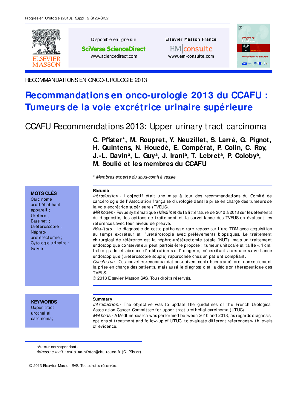 Recommandations en onco-urologie 2013 du CCAFU : Tumeurs de la voie excrétrice urinaire supérieure