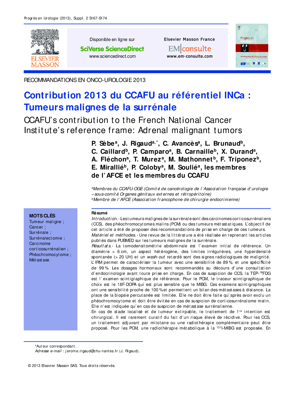 Contribution 2013 du CCAFU au référentiel INCa : Tumeurs malignes de la surrénale