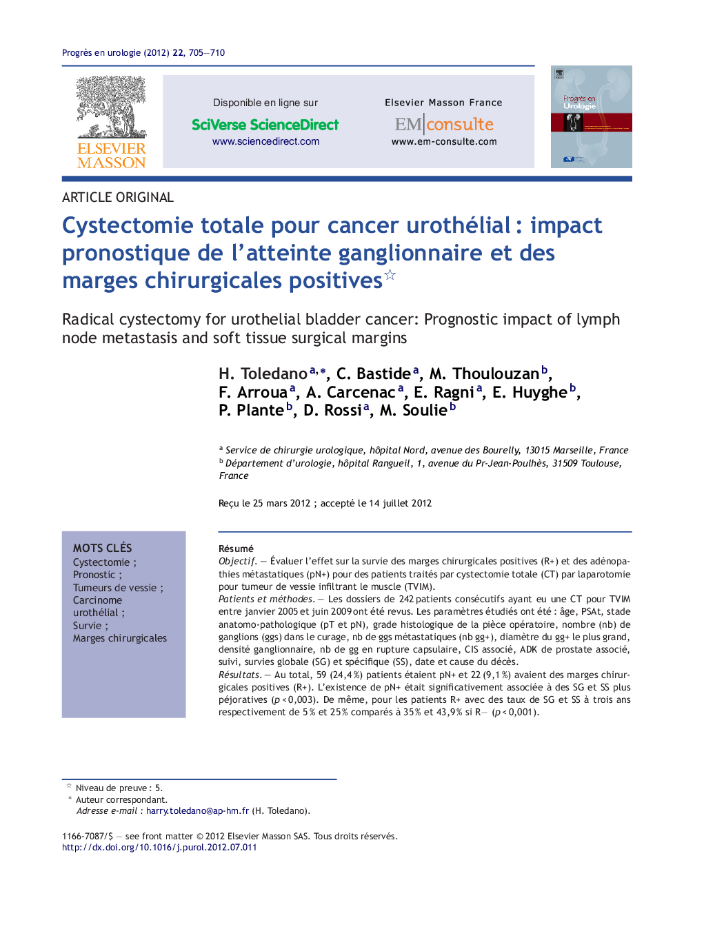 Cystectomie totale pour cancer urothélialÂ : impact pronostique de l'atteinte ganglionnaire et des marges chirurgicales positives