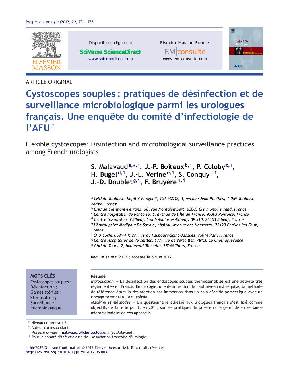 Cystoscopes souples : pratiques de désinfection et de surveillance microbiologique parmi les urologues français. Une enquête du comité d’infectiologie de l’AFU 