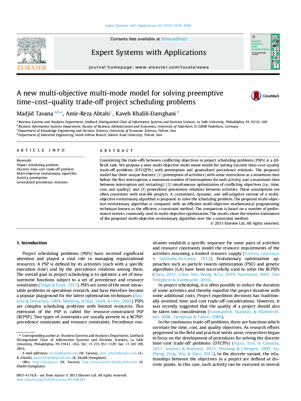 A new multi-objective multi-mode model for solving preemptive time–cost–quality trade-off project scheduling problems