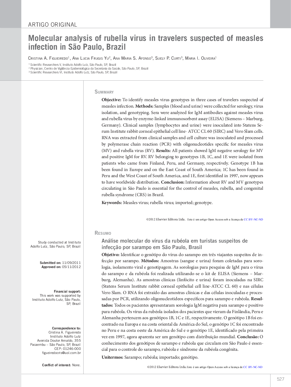 Molecular analysis of rubella virus in travelers suspected of measles infection in São Paulo, Brazil 