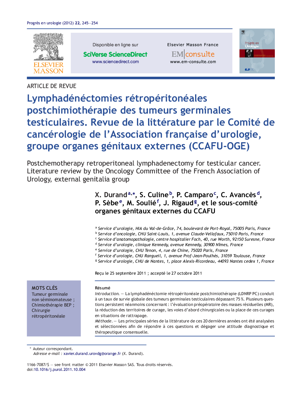 Lymphadénéctomies rétropéritonéales postchimiothérapie des tumeurs germinales testiculaires. Revue de la littérature par le Comité de cancérologie de l’Association française d’urologie, groupe organes génitaux externes (CCAFU-OGE)