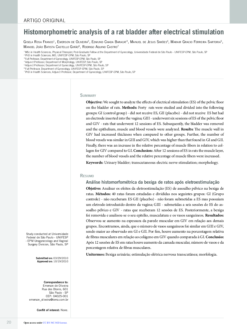 Histomorphometric analysis of a rat bladder after electrical stimulation *