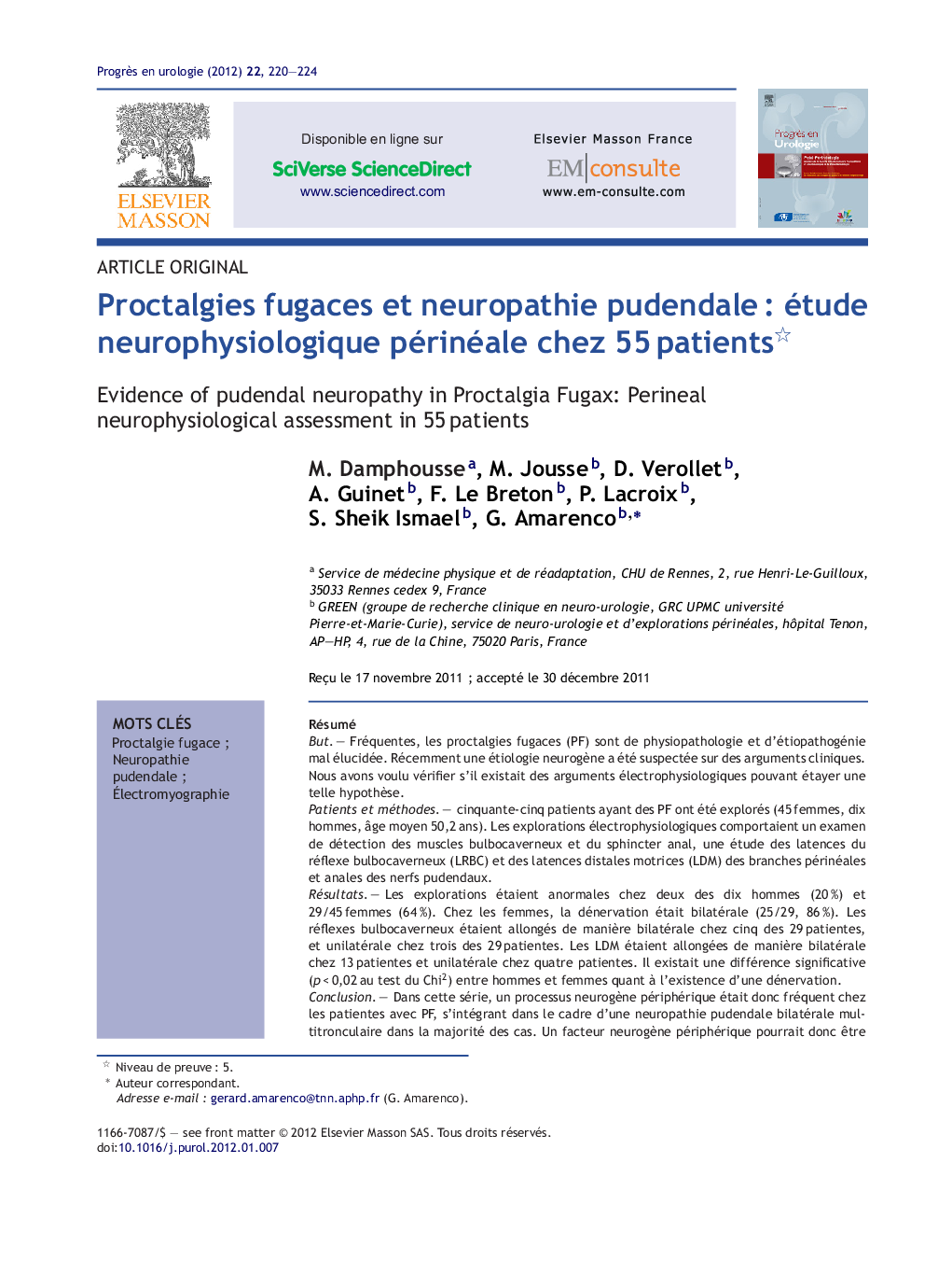 Proctalgies fugaces et neuropathie pudendaleÂ : étude neurophysiologique périnéale chez 55Â patients