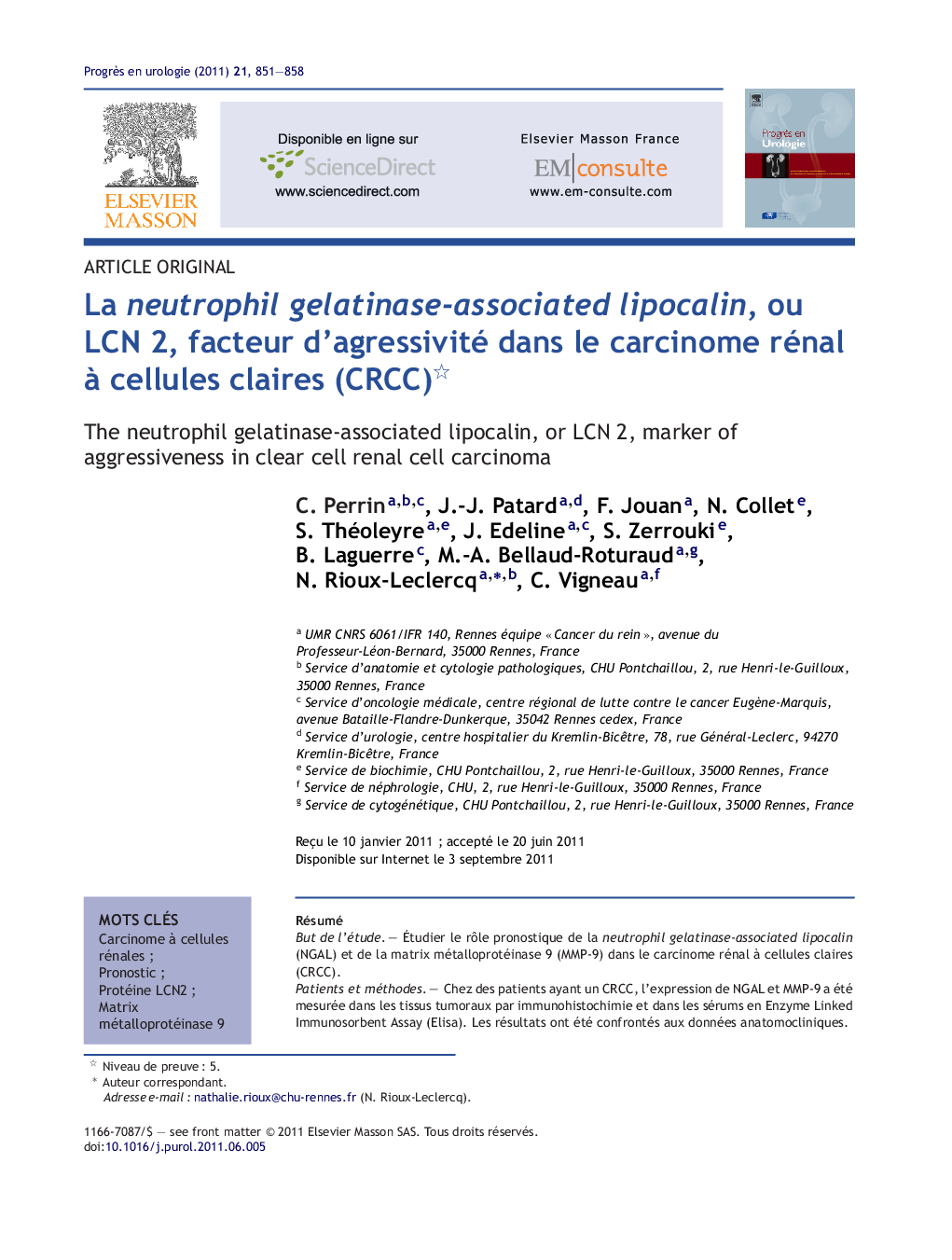 La neutrophil gelatinase-associated lipocalin, ou LCN 2, facteur d'agressivité dans le carcinome rénal Ã  cellules claires (CRCC)