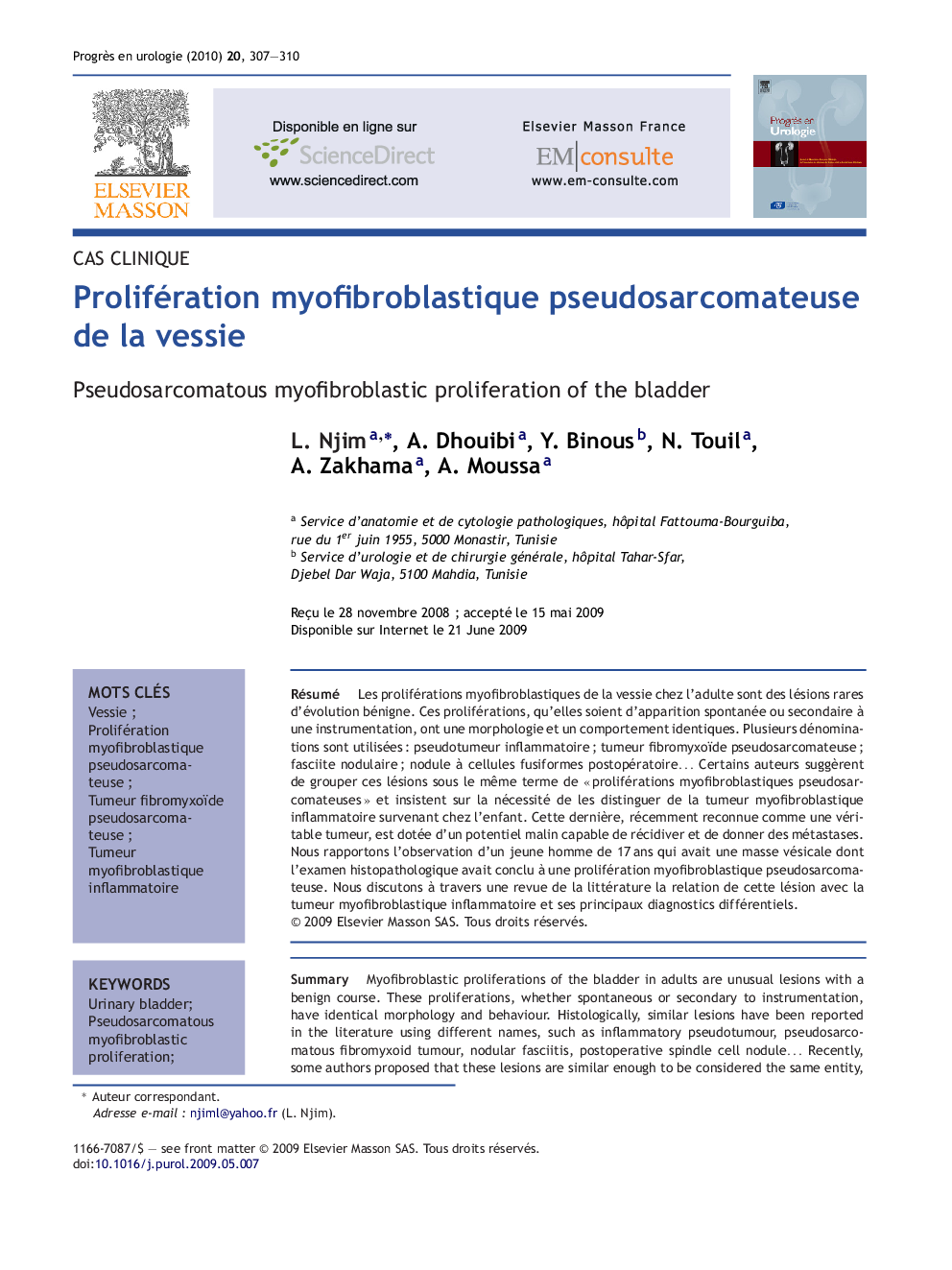 Prolifération myofibroblastique pseudosarcomateuse de la vessie