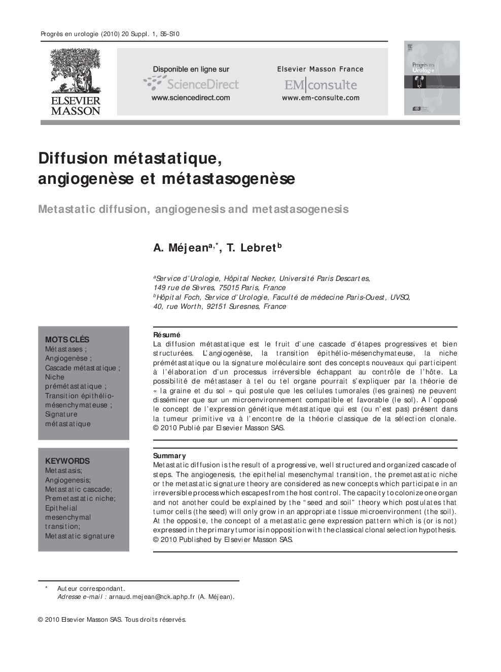 Diffusion métastatique, angiogenèse et métastasogenèse