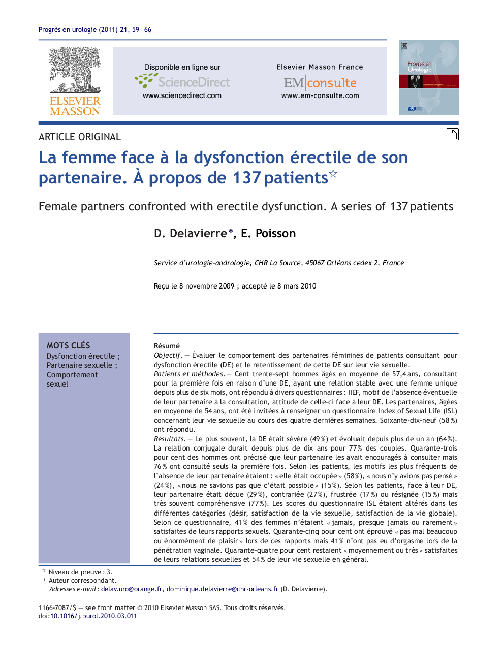 La femme face Ã  la dysfonction érectile de son partenaire. Ã propos de 137Â patients