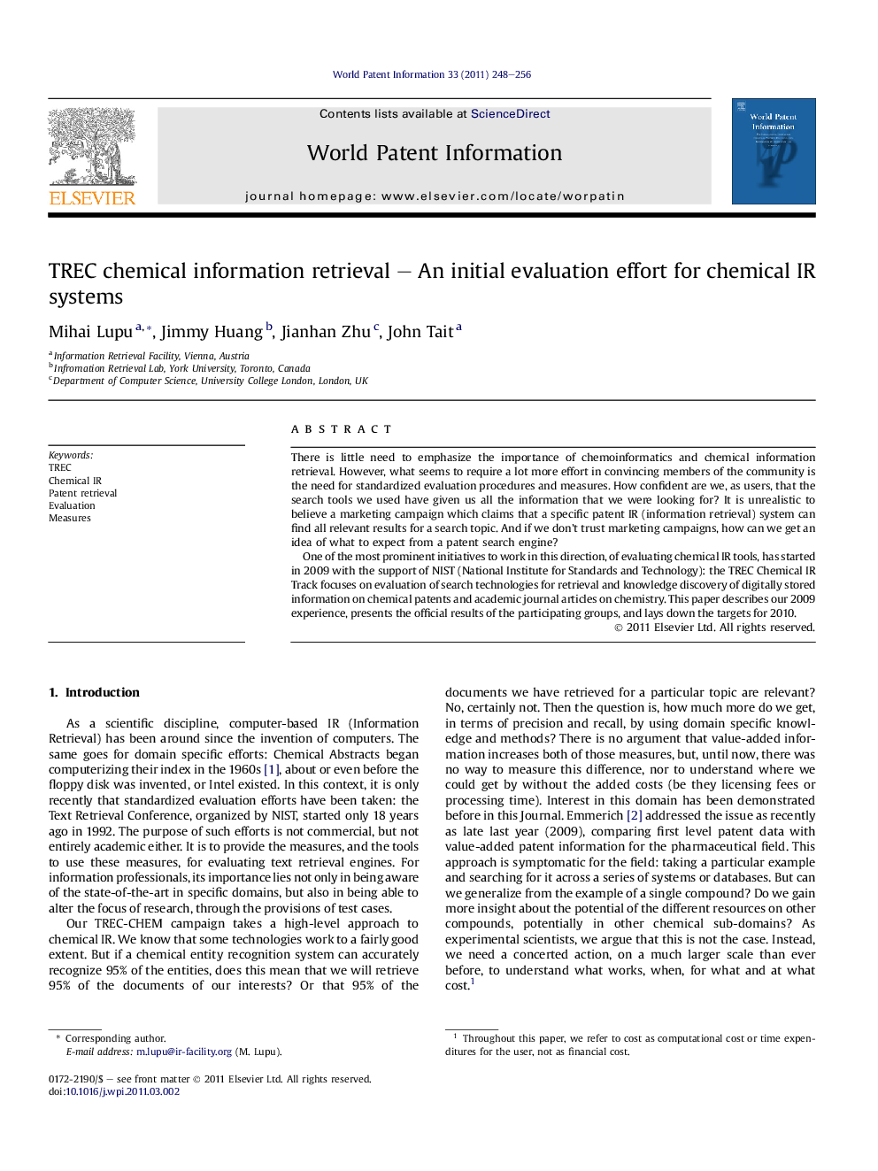 TREC chemical information retrieval – An initial evaluation effort for chemical IR systems