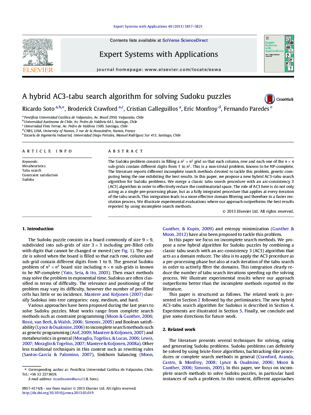 A hybrid AC3-tabu search algorithm for solving Sudoku puzzles