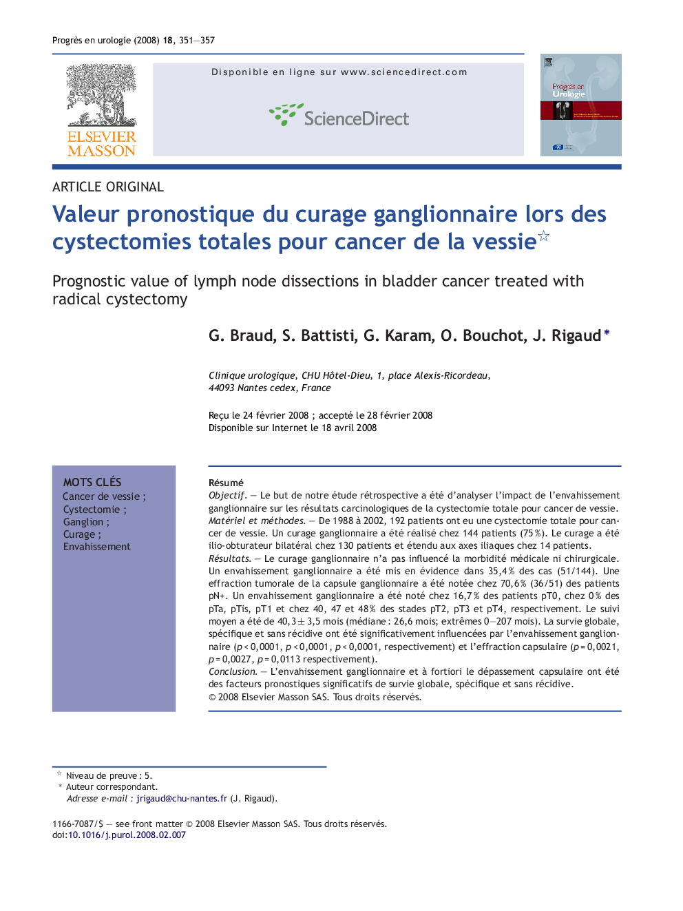 Valeur pronostique du curage ganglionnaire lors des cystectomies totales pour cancer de la vessie 