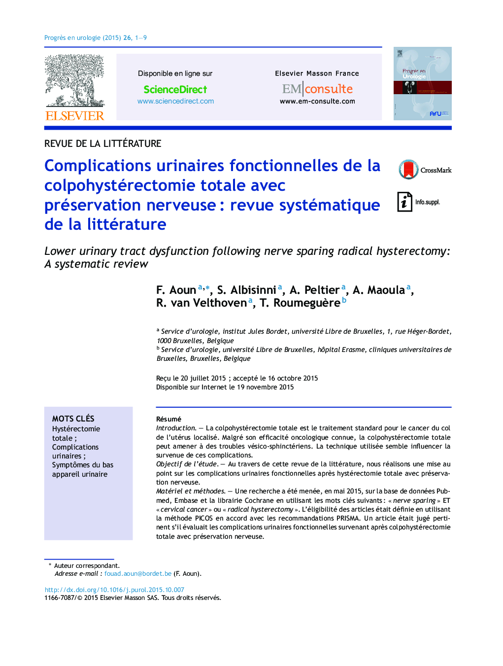 Complications urinaires fonctionnelles de la colpohystérectomie totale avec préservation nerveuseÂ : revue systématique de la littérature