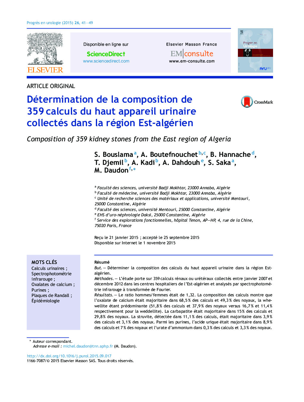 Détermination de la composition de 359 calculs du haut appareil urinaire collectés dans la région Est-algérien