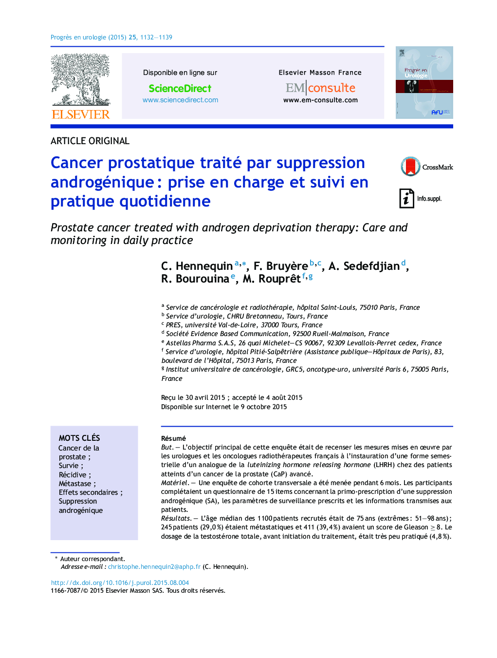 Cancer prostatique traité par suppression androgénique : prise en charge et suivi en pratique quotidienne