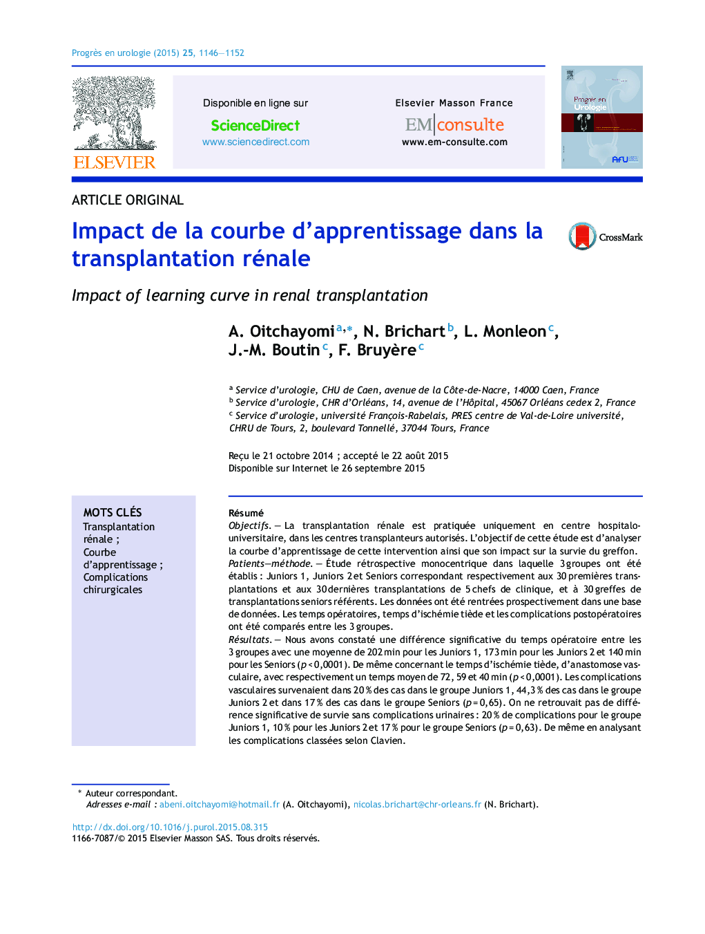 Impact de la courbe d’apprentissage dans la transplantation rénale