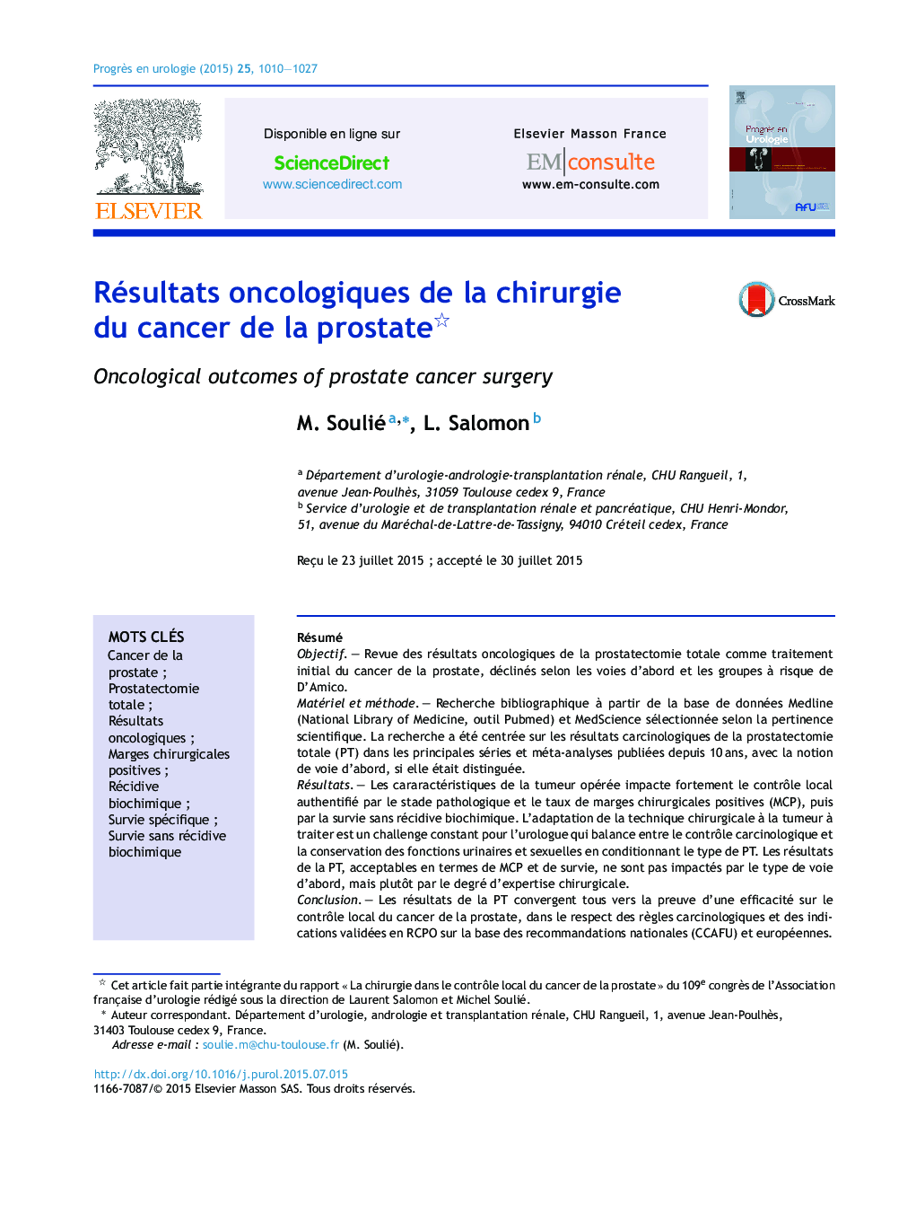 Résultats oncologiques de la chirurgie du cancer de la prostate 