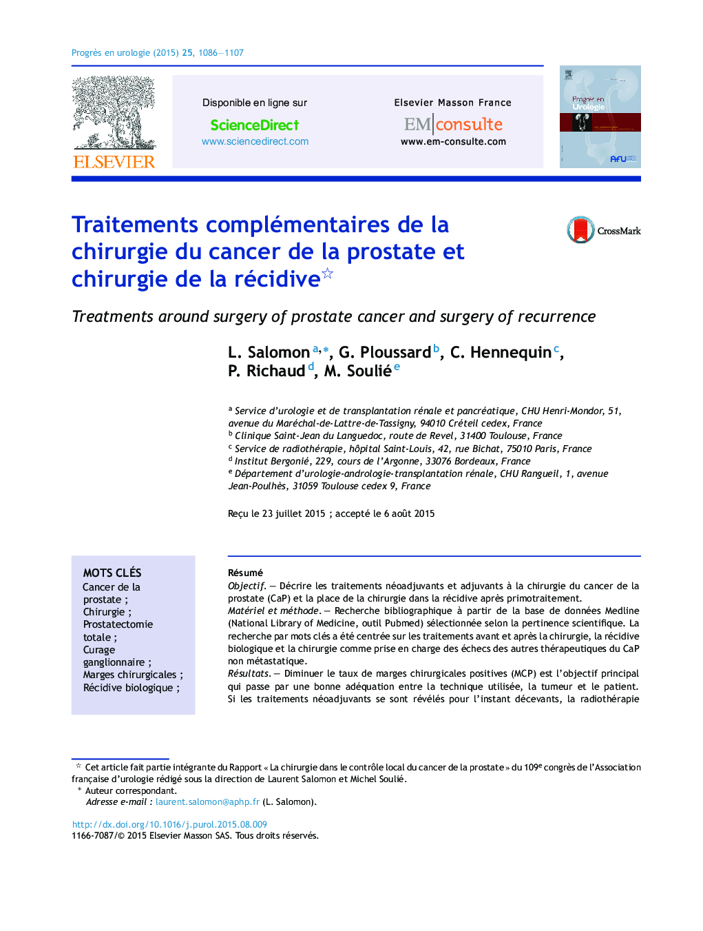 Traitements complémentaires de la chirurgie du cancer de la prostate et chirurgie de la récidive 