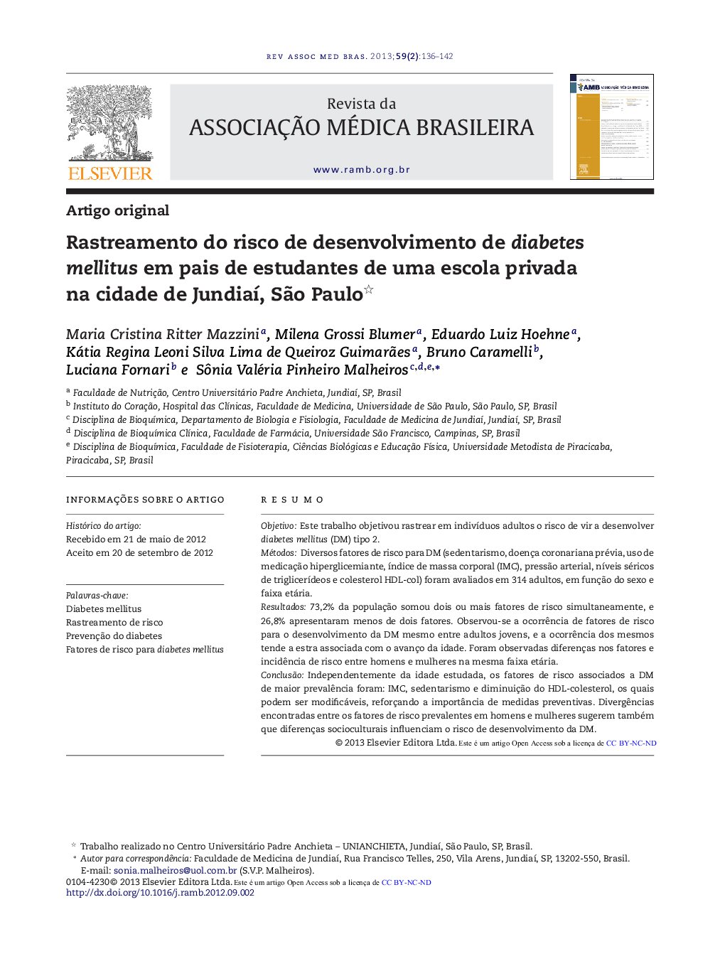 Rastreamento do risco de desenvolvimento de diabetes mellitus em pais de estudantes de uma escola privada na cidade de Jundiaí, São Paulo 