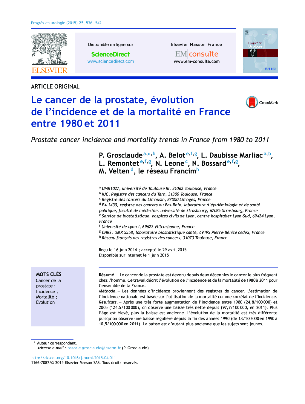 Le cancer de la prostate, évolution de l’incidence et de la mortalité en France entre 1980 et 2011