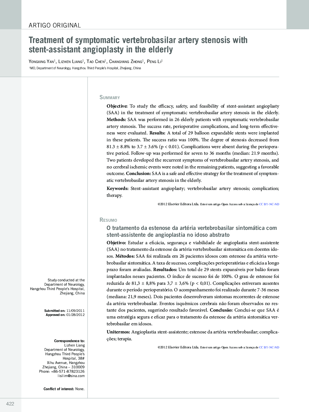 Treatment of symptomatic vertebrobasilar artery stenosis with stent-assistant angioplasty in the elderly