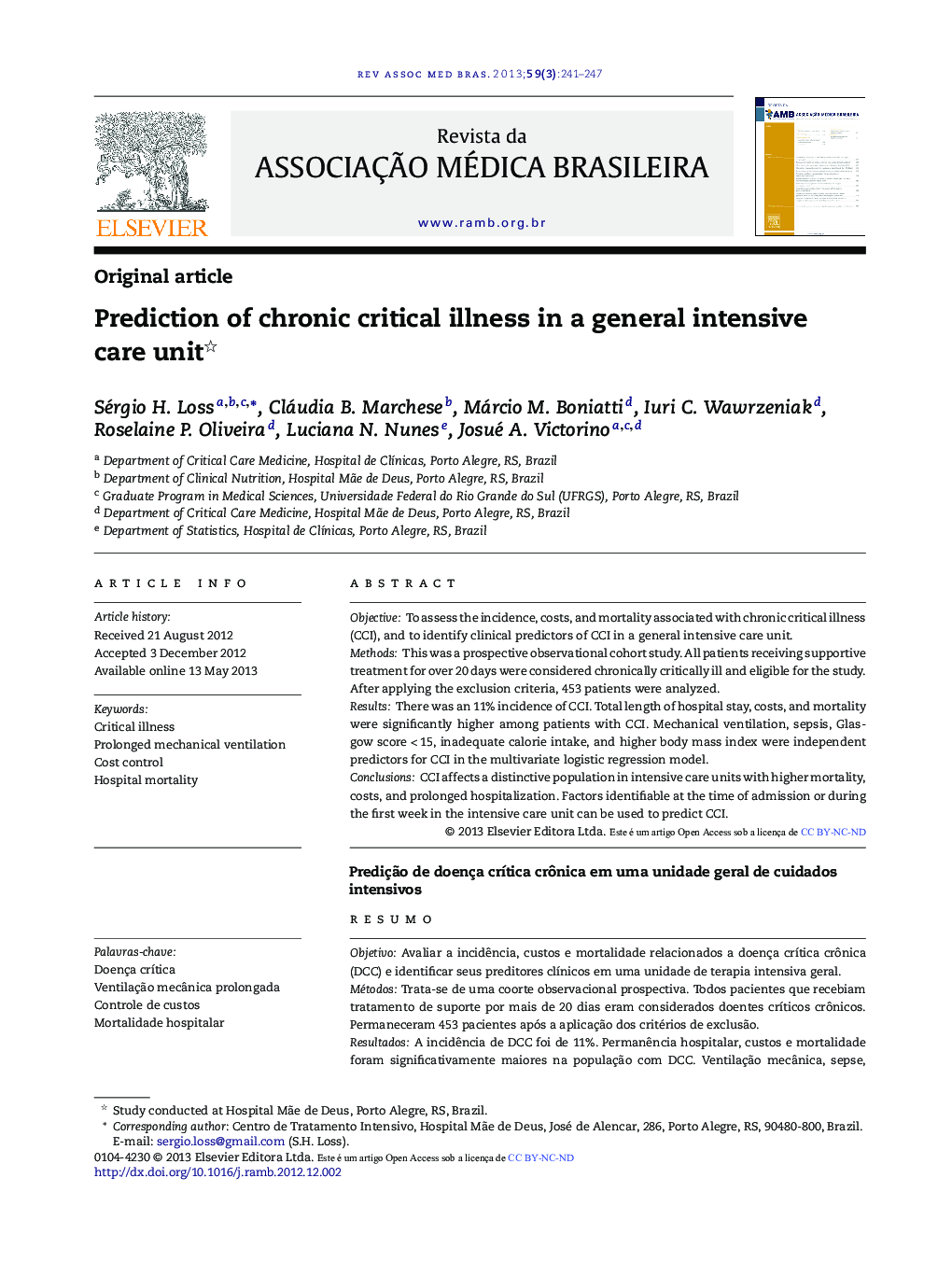 Prediction of chronic critical illness in a general intensive care unit 