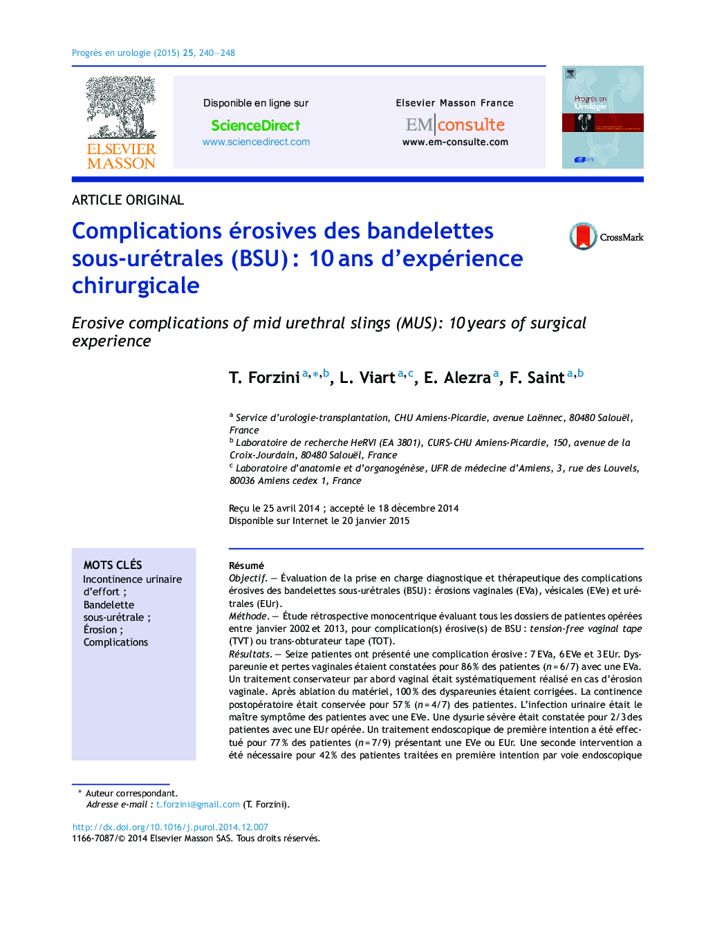 Complications érosives des bandelettes sous-urétrales (BSU) : 10 ans d’expérience chirurgicale