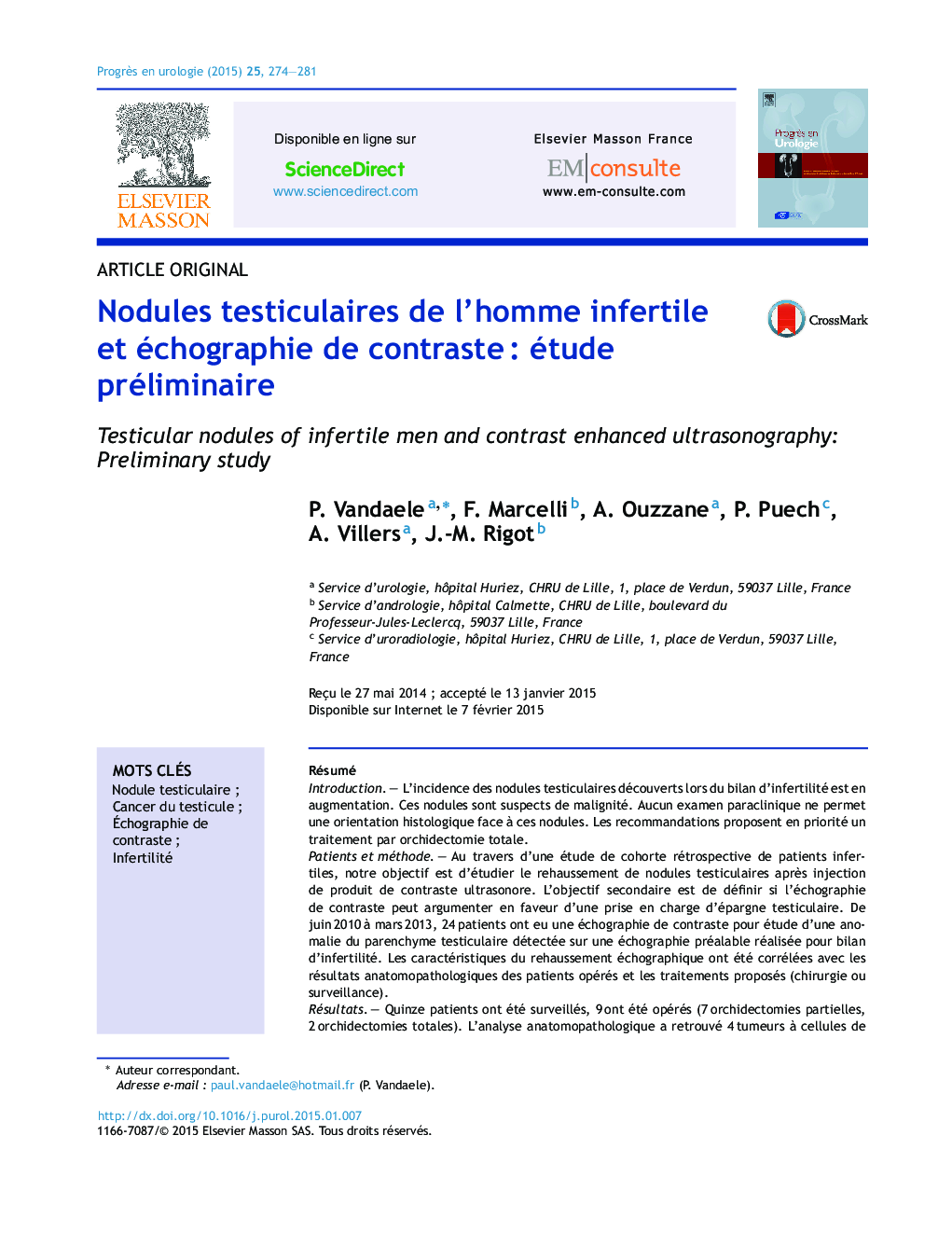 Nodules testiculaires de l’homme infertile et échographie de contraste : étude préliminaire