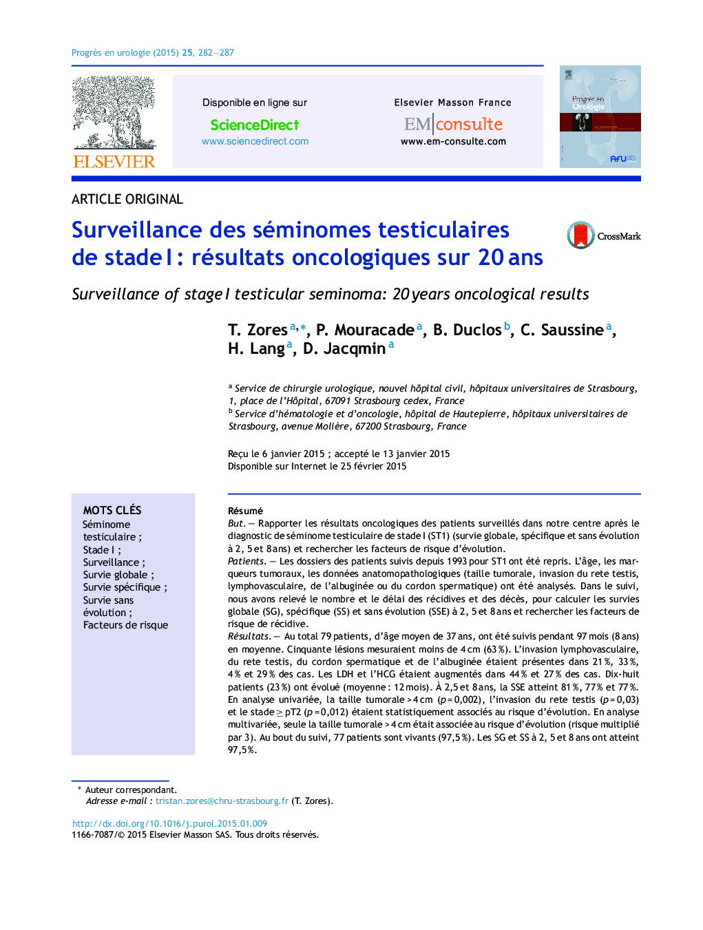 Surveillance des séminomes testiculaires de stade I : résultats oncologiques sur 20 ans