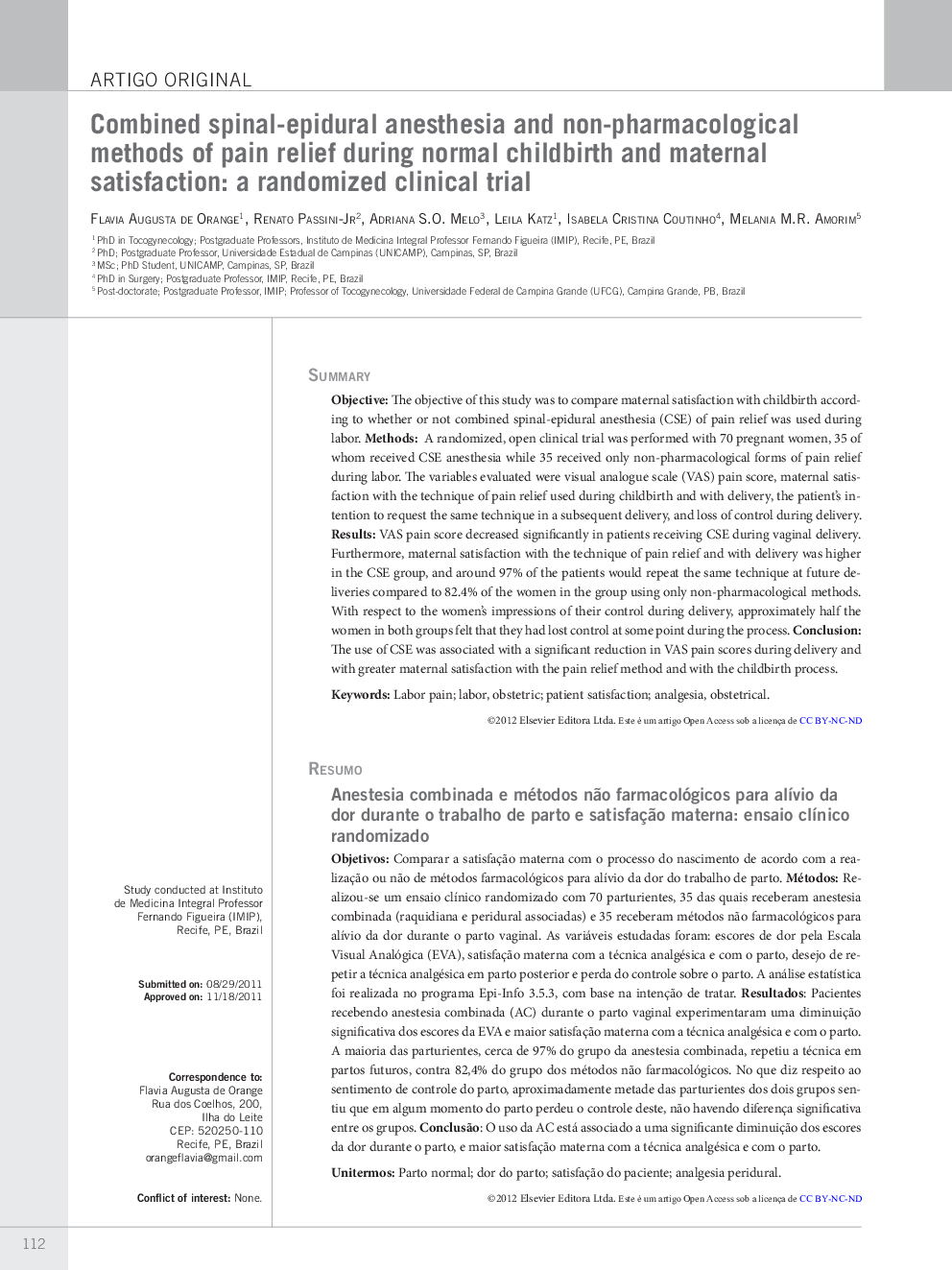 Combined spinal-epidural anesthesia and non-pharmacological methods of pain relief during normal childbirth and maternal satisfaction: a randomized clinical trial