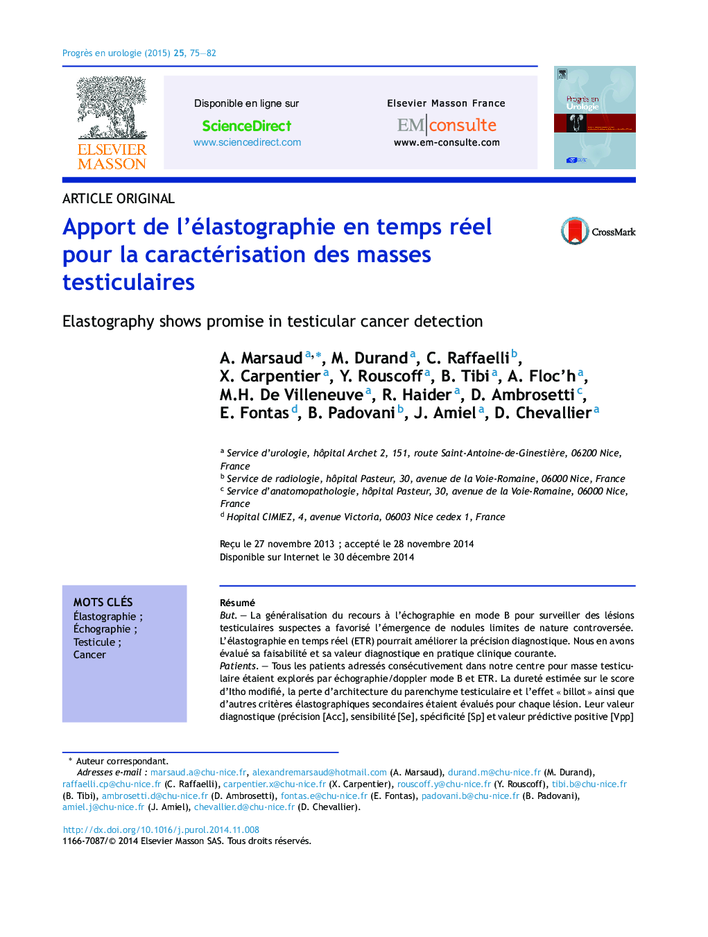 Apport de l’élastographie en temps réel pour la caractérisation des masses testiculaires