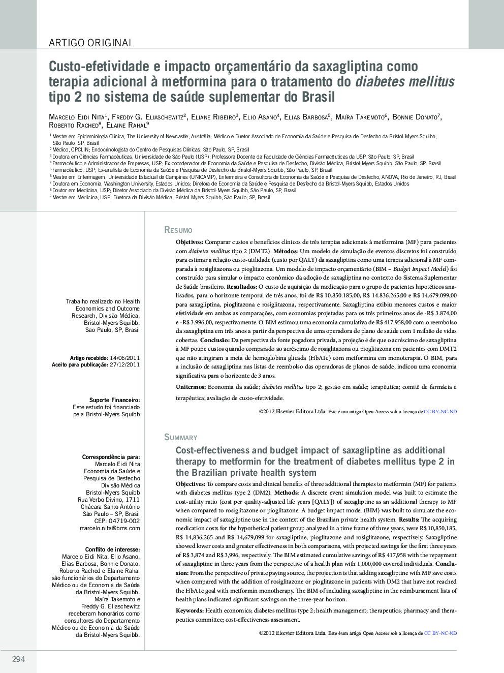 Custo-efetividade e impacto orçamentário da saxagliptina como terapia adicional à metformina para o tratamento do diabetes mellitus tipo 2 no sistema de saúde suplementar do Brasil