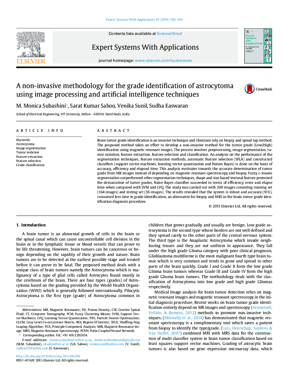 A non-invasive methodology for the grade identification of astrocytoma using image processing and artificial intelligence techniques