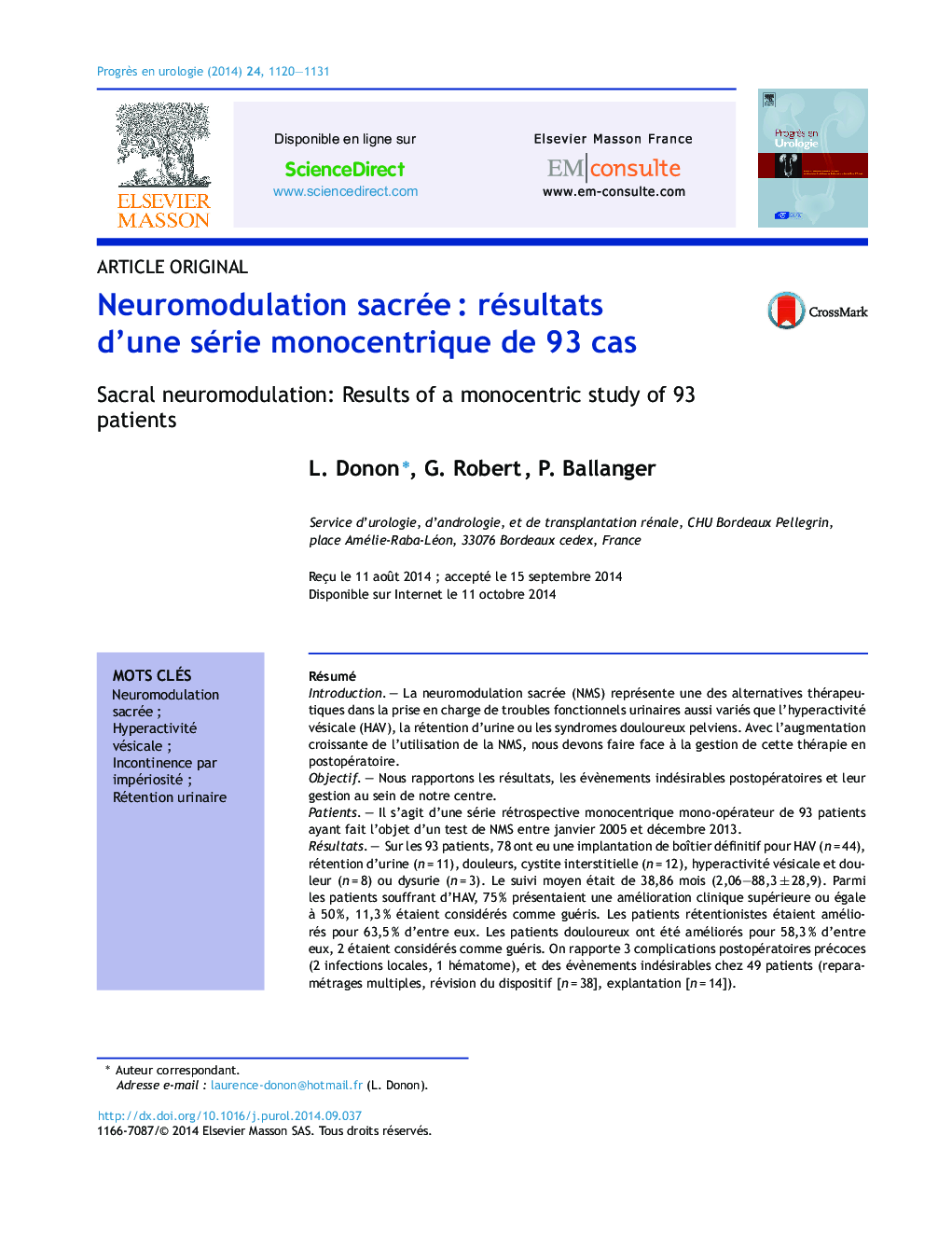 Neuromodulation sacrée : résultats d’une série monocentrique de 93 cas