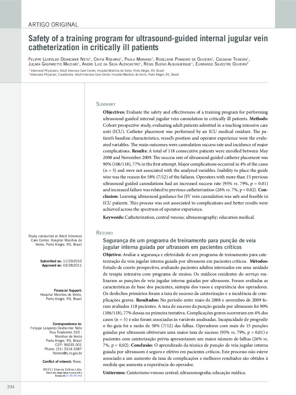 Safety of a training program for ultrasound-guided internal jugular vein catheterization in critically ill patients *