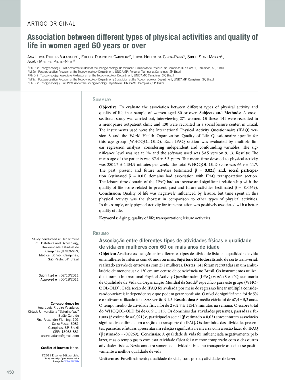 Association between different types of physical activities and quality of life in women aged 60 years or over *