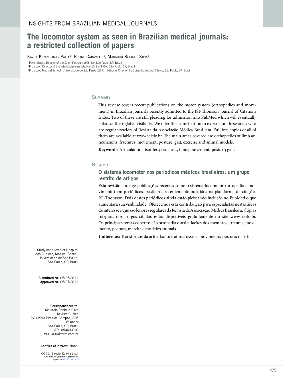 The locomotor system as seen in Brazilian medical journals: a restricted collection of papers *