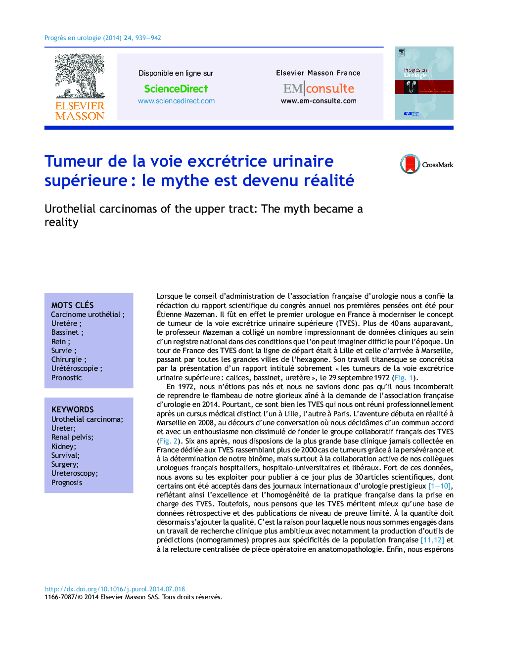 عکس صفحه اول مقاله: Tumeur de la voie excrétrice urinaire supérieure : le mythe est devenu réalité Tumeur de la voie excrétrice urinaire supérieure : le mythe est devenu réalité