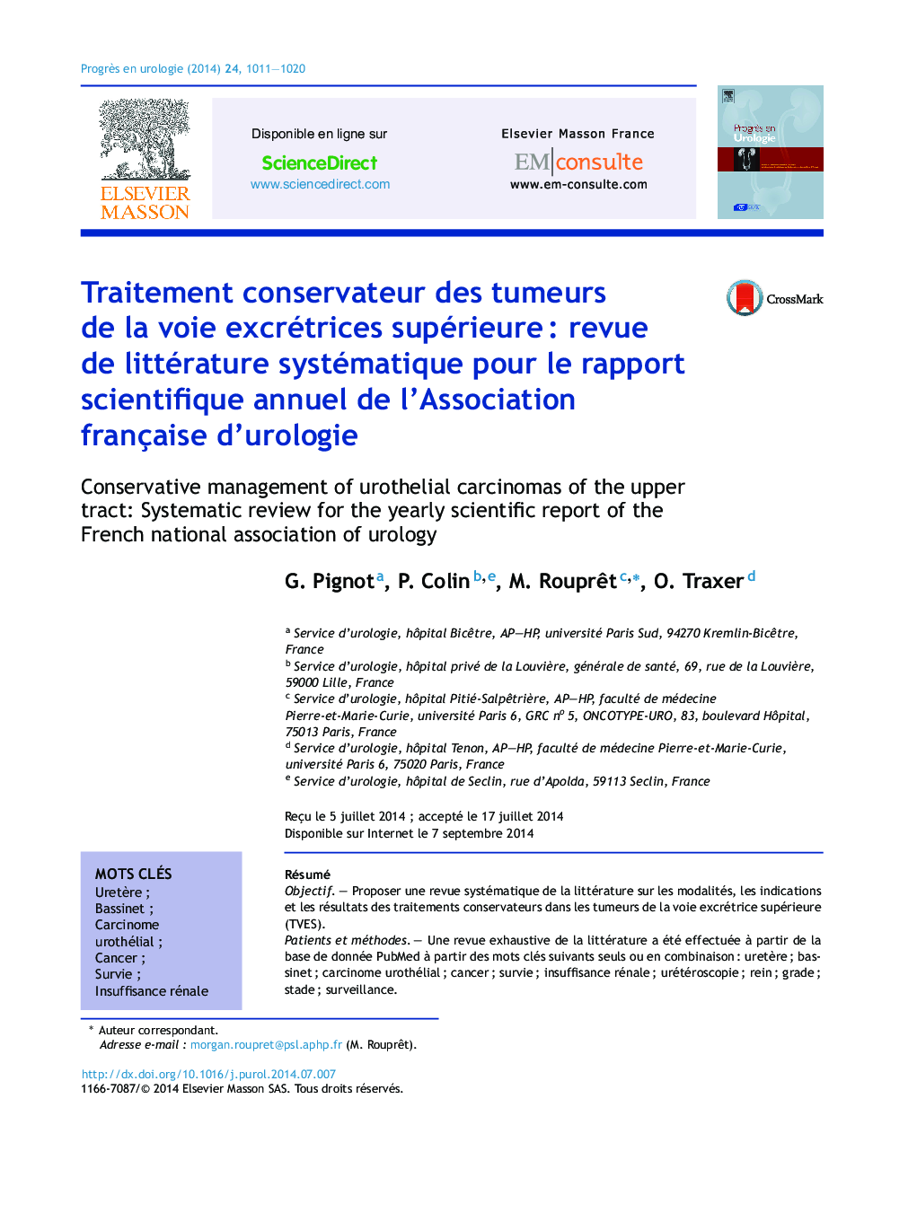 Traitement conservateur des tumeurs de la voie excrétrices supérieure : revue de littérature systématique pour le rapport scientifique annuel de l’Association française d’urologie