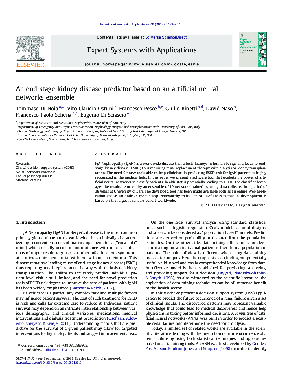 An end stage kidney disease predictor based on an artificial neural networks ensemble